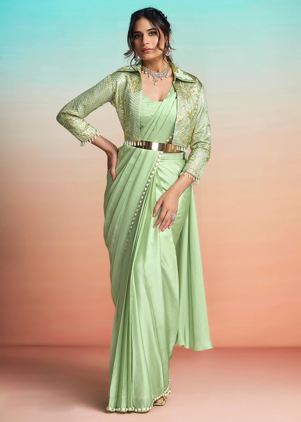 Buy Pista Green Wedding Party Ready to Wear Saree Online in US, UK, Canada, Spain, France, Germany, Italy, Austria, Ireland, Sweden, UAE & Worldwide at Empress.