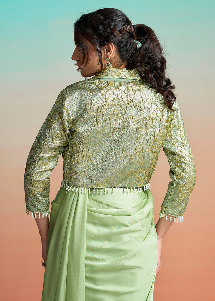 Buy Pista Green Wedding Party Ready to Wear Saree Online in US, UK, Canada, Spain, France, Germany, Italy, Austria, Ireland, Sweden, UAE & Worldwide at Empress.