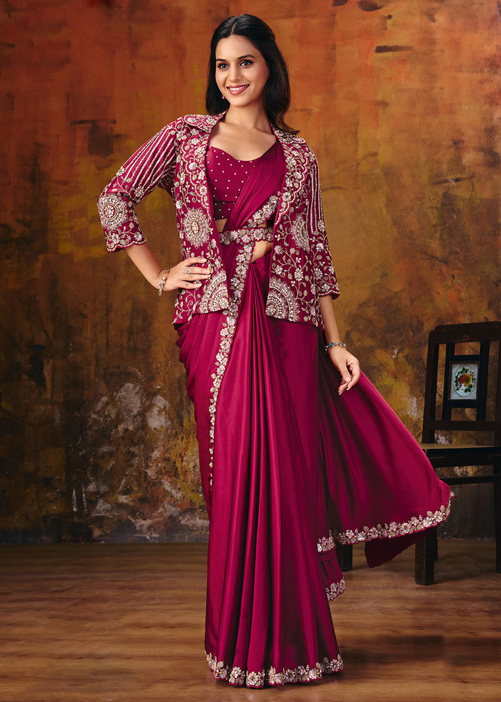 Buy Now Rani Pink Embroidered Wedding Party Wear Saree Online in US, UK, Canada, France, Germany, Denmark, Sweden, Italy, Australia, UAE &amp; Worldwide at Empress.
