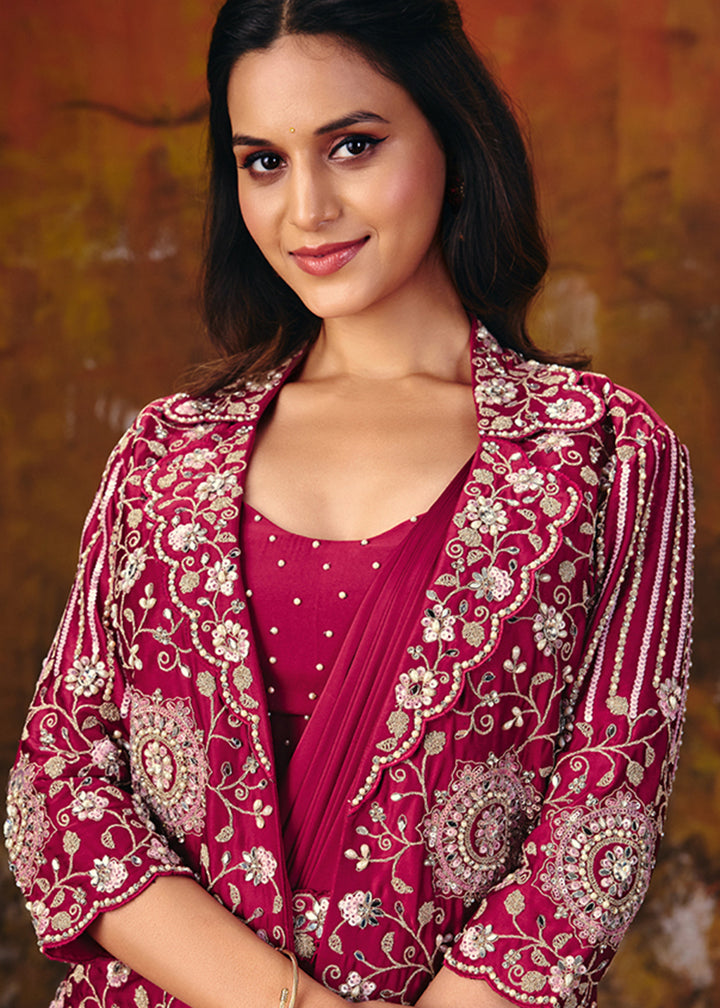 Buy Now Rani Pink Embroidered Wedding Party Wear Saree Online in US, UK, Canada, France, Germany, Denmark, Sweden, Italy, Australia, UAE &amp; Worldwide at Empress.