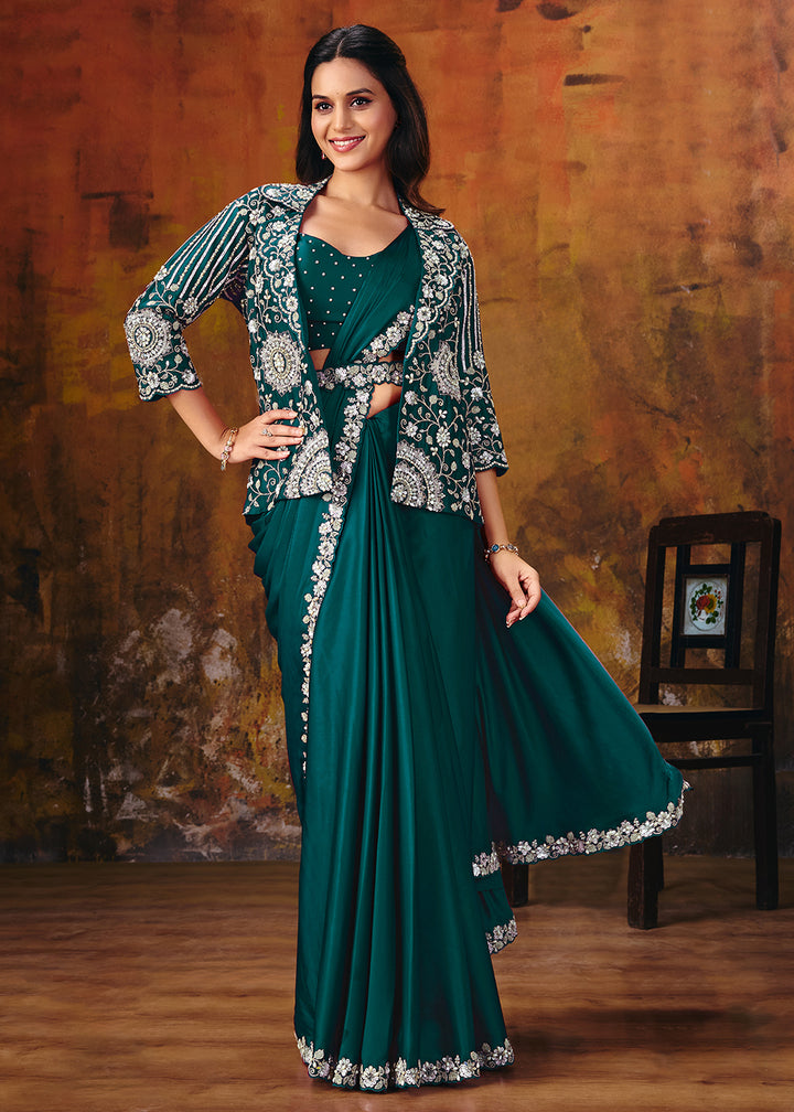 Buy Now Rama Green Embroidered Wedding Party Wear Saree Online in US, UK, Canada, France, Germany, Denmark, Sweden, Italy, Australia, UAE &amp; Worldwide at Empress.