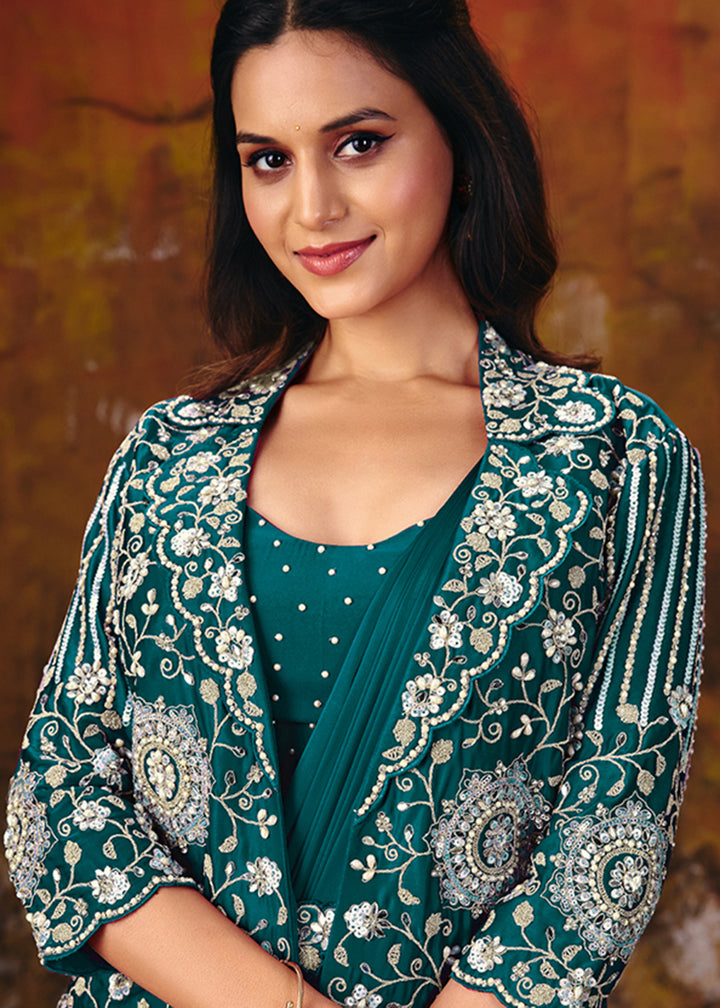 Buy Now Rama Green Embroidered Wedding Party Wear Saree Online in US, UK, Canada, France, Germany, Denmark, Sweden, Italy, Australia, UAE &amp; Worldwide at Empress.