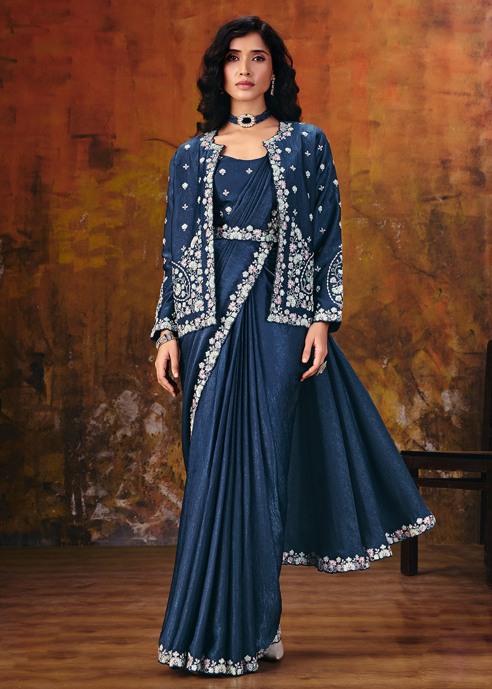 Buy Now Dark Blue Embroidered Wedding Party Wear Saree Online in US, UK, Canada, France, Germany, Denmark, Sweden, Italy, Australia, UAE & Worldwide at Empress.