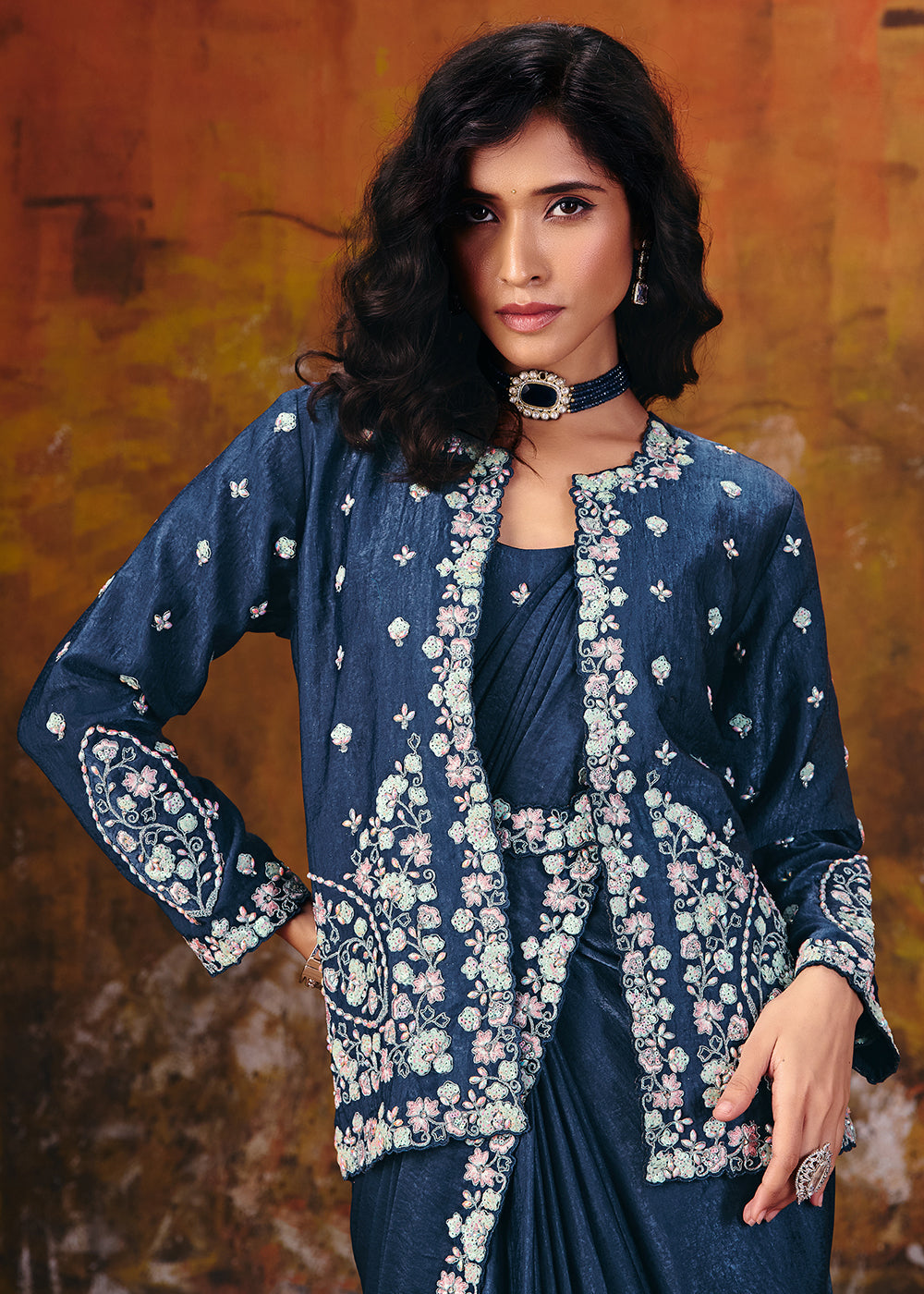 Buy Now Dark Blue Embroidered Wedding Party Wear Saree Online in US, UK, Canada, France, Germany, Denmark, Sweden, Italy, Australia, UAE & Worldwide at Empress.