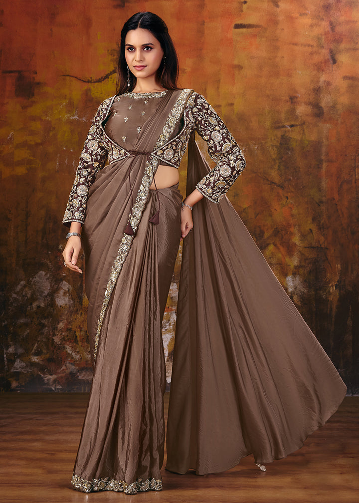 Buy Now Coffee Brown Embroidered Wedding Party Wear Saree Online in US, UK, Canada, France, Germany, Denmark, Sweden, Italy, Australia &amp; Worldwide at Empress.