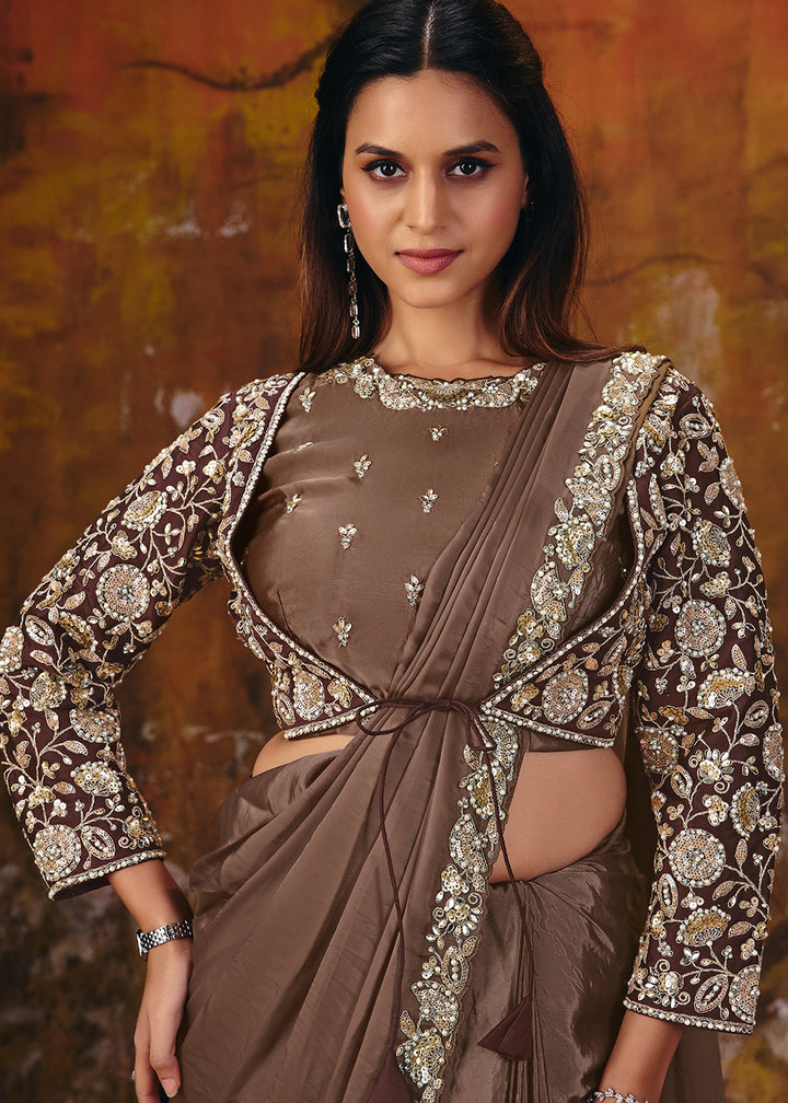 Buy Now Coffee Brown Embroidered Wedding Party Wear Saree Online in US, UK, Canada, France, Germany, Denmark, Sweden, Italy, Australia &amp; Worldwide at Empress.