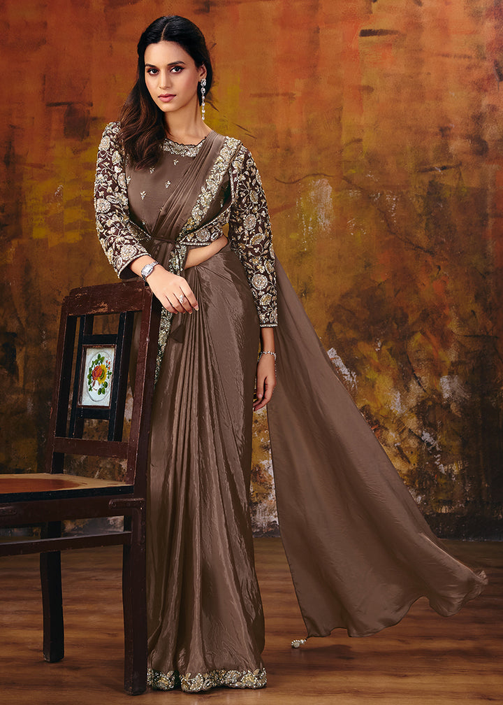 Buy Now Coffee Brown Embroidered Wedding Party Wear Saree Online in US, UK, Canada, France, Germany, Denmark, Sweden, Italy, Australia &amp; Worldwide at Empress.