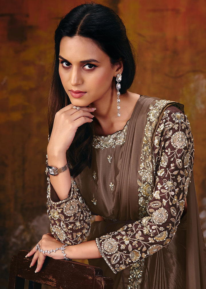 Buy Now Coffee Brown Embroidered Wedding Party Wear Saree Online in US, UK, Canada, France, Germany, Denmark, Sweden, Italy, Australia &amp; Worldwide at Empress.