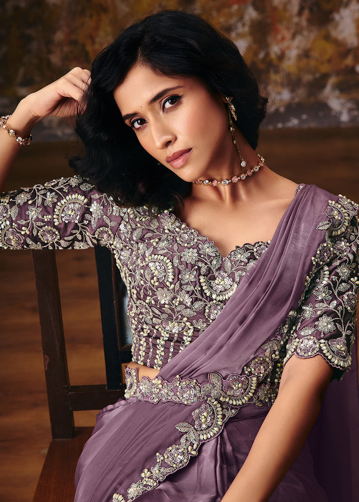 Buy Now Lavender Embroidered Wedding Party Wear Saree Online in US, UK, Canada, France, Germany, Denmark, Sweden, Italy, Australia &amp; Worldwide at Empress.