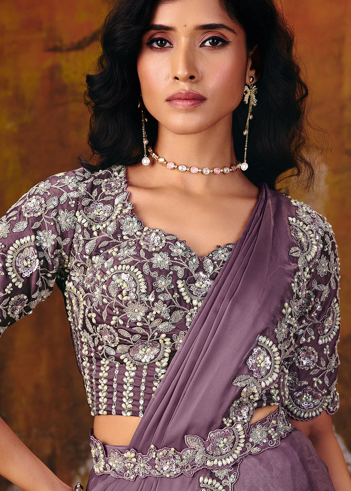 Buy Now Lavender Embroidered Wedding Party Wear Saree Online in US, UK, Canada, France, Germany, Denmark, Sweden, Italy, Australia &amp; Worldwide at Empress.