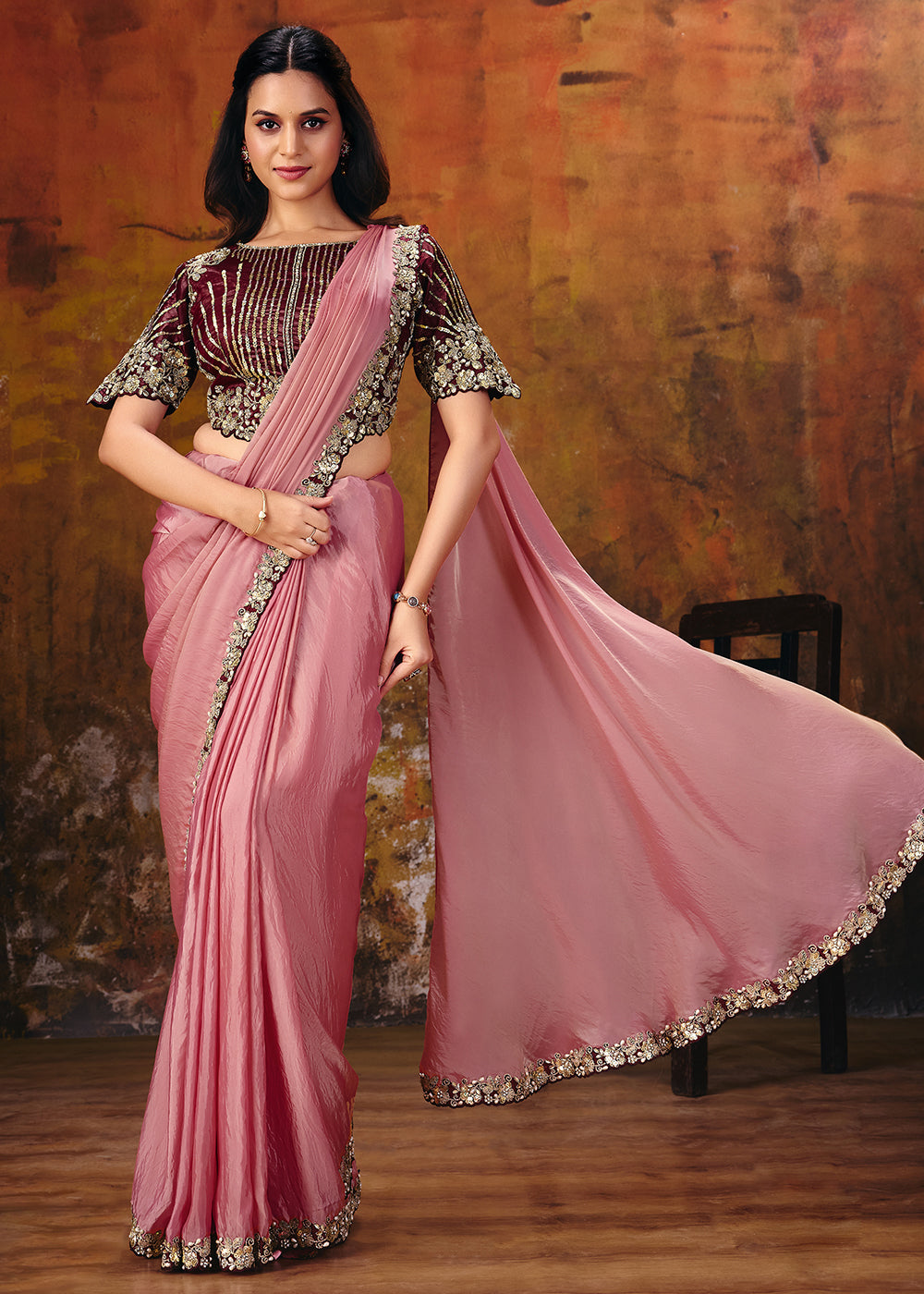 Buy Now Peachy Pink Embroidered Wedding Party Wear Saree Online in US, UK, Canada, France, Germany, Denmark, Sweden, Italy, Australia &amp; Worldwide at Empress.