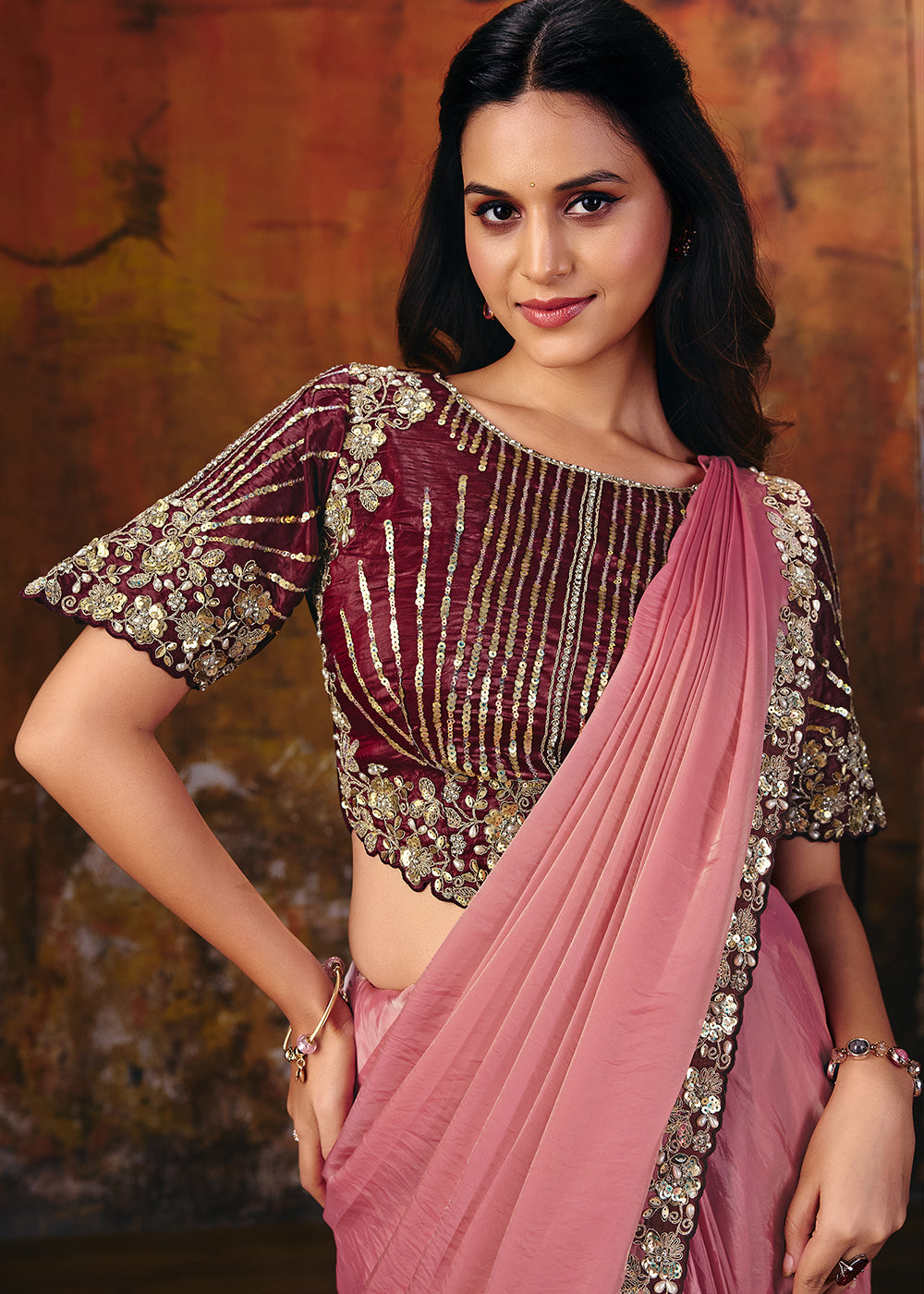Buy Now Peachy Pink Embroidered Wedding Party Wear Saree Online in US, UK, Canada, France, Germany, Denmark, Sweden, Italy, Australia &amp; Worldwide at Empress.