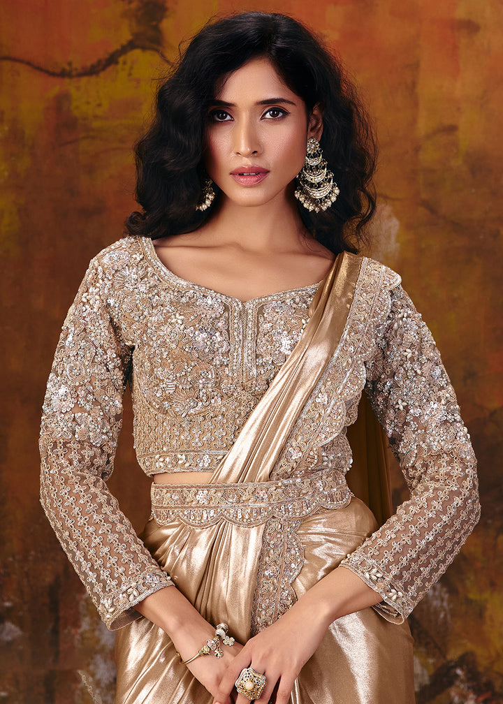 Buy Now Mettalic Cream Embroidered Wedding Party Wear Saree Online in US, UK, Canada, France, Germany, Denmark, Sweden, Italy, Australia &amp; Worldwide at Empress.