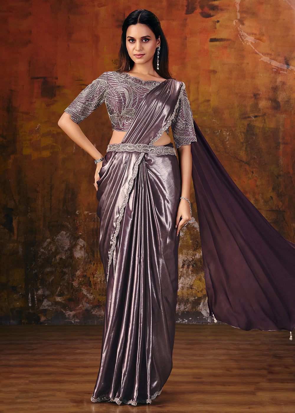 Buy Now Deep Purple Embroidered Wedding Party Wear Saree Online in US, UK, Canada, France, Germany, Denmark, Sweden, Italy, Australia &amp; Worldwide at Empress.