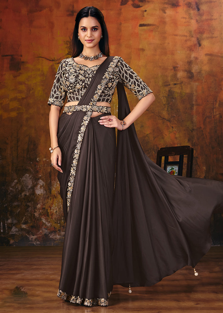 Buy Now Deep Brown Embroidered Wedding Party Wear Saree Online in US, UK, Canada, France, Germany, Denmark, Sweden, Italy, Australia &amp; Worldwide at Empress.