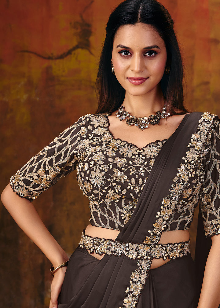 Buy Now Deep Brown Embroidered Wedding Party Wear Saree Online in US, UK, Canada, France, Germany, Denmark, Sweden, Italy, Australia &amp; Worldwide at Empress.
