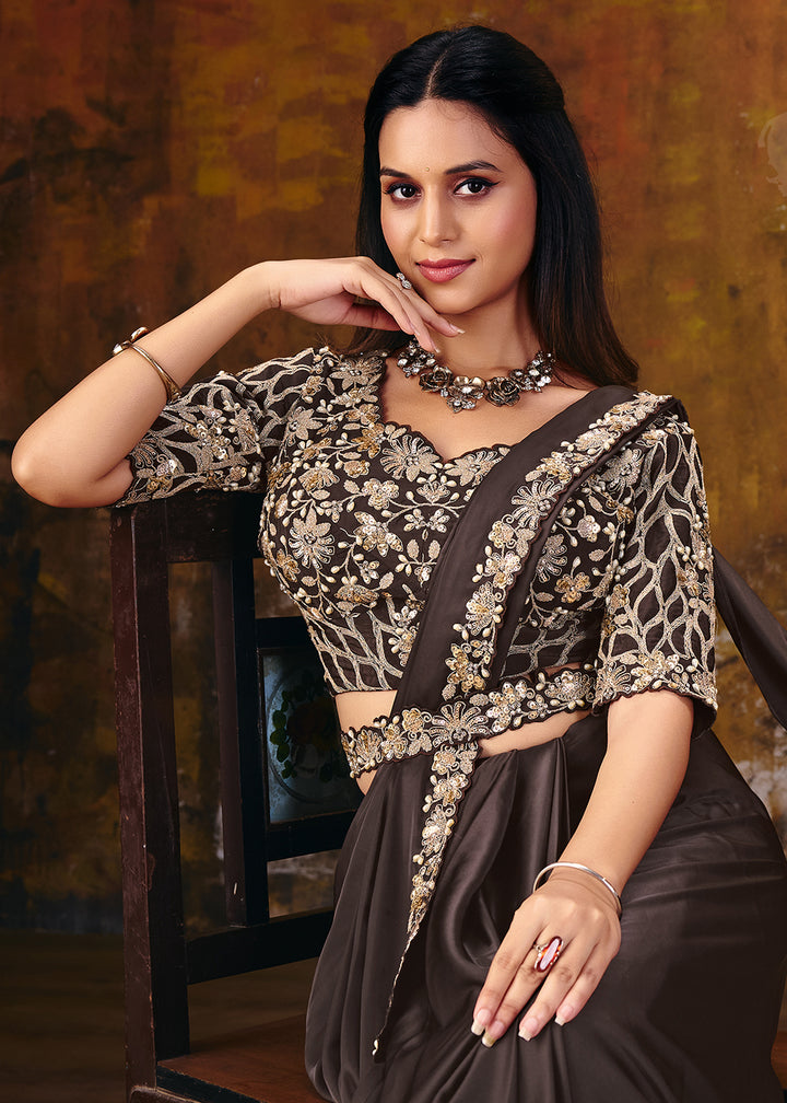 Buy Now Deep Brown Embroidered Wedding Party Wear Saree Online in US, UK, Canada, France, Germany, Denmark, Sweden, Italy, Australia &amp; Worldwide at Empress.