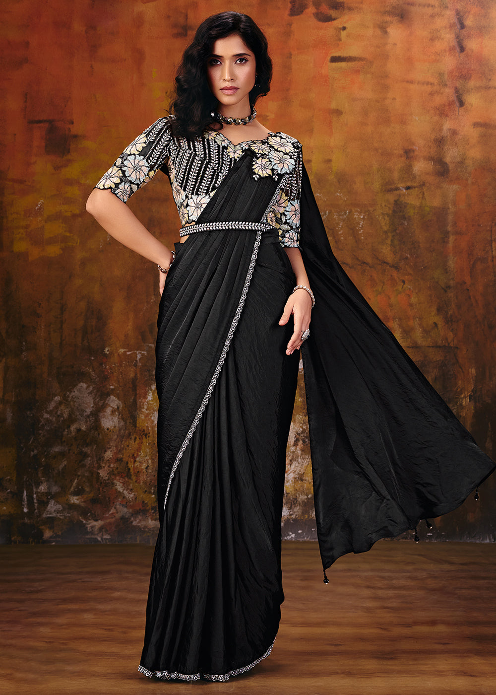 Buy Now Jet Black Embroidered Wedding Party Wear Saree Online in US, UK, Canada, France, Germany, Denmark, Sweden, Italy, Australia &amp; Worldwide at Empress.