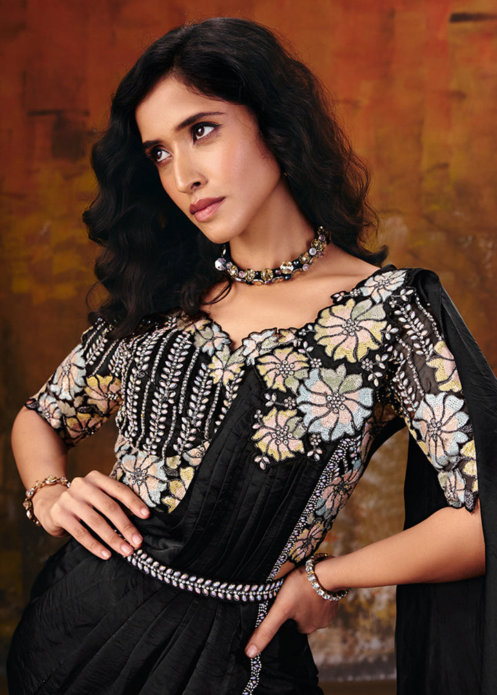 Buy Now Jet Black Embroidered Wedding Party Wear Saree Online in US, UK, Canada, France, Germany, Denmark, Sweden, Italy, Australia &amp; Worldwide at Empress.