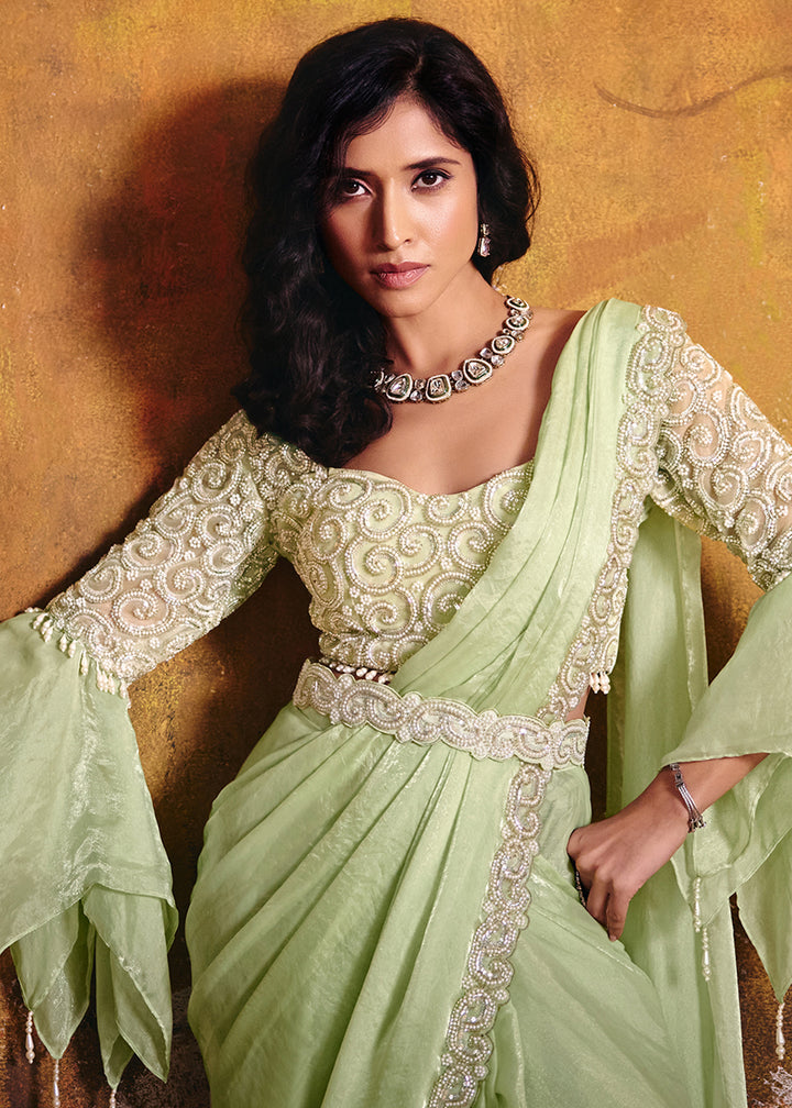 Buy Now Pista Green Embroidered Wedding Party Wear Saree Online in US, UK, Canada, France, Germany, Denmark, Sweden, Italy, Australia &amp; Worldwide at Empress.