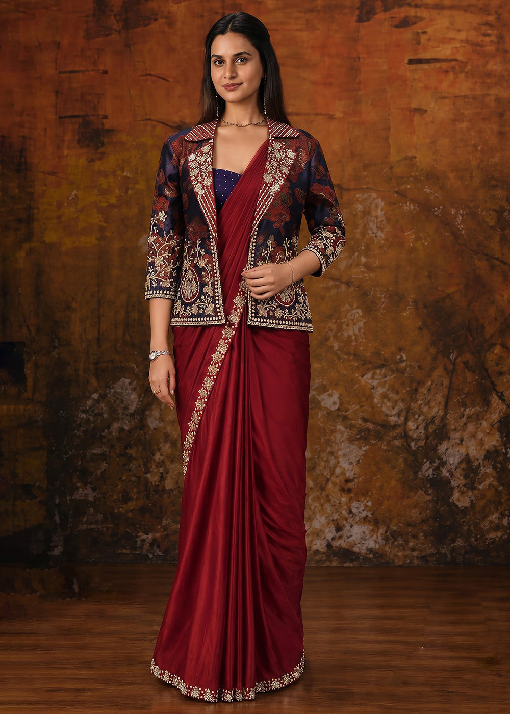 Buy Now Maroon Embroidered Wedding Party Wear Saree Online in US, UK, Canada, France, Germany, Denmark, Sweden, Italy, Australia, UAE &amp; Worldwide at Empress.