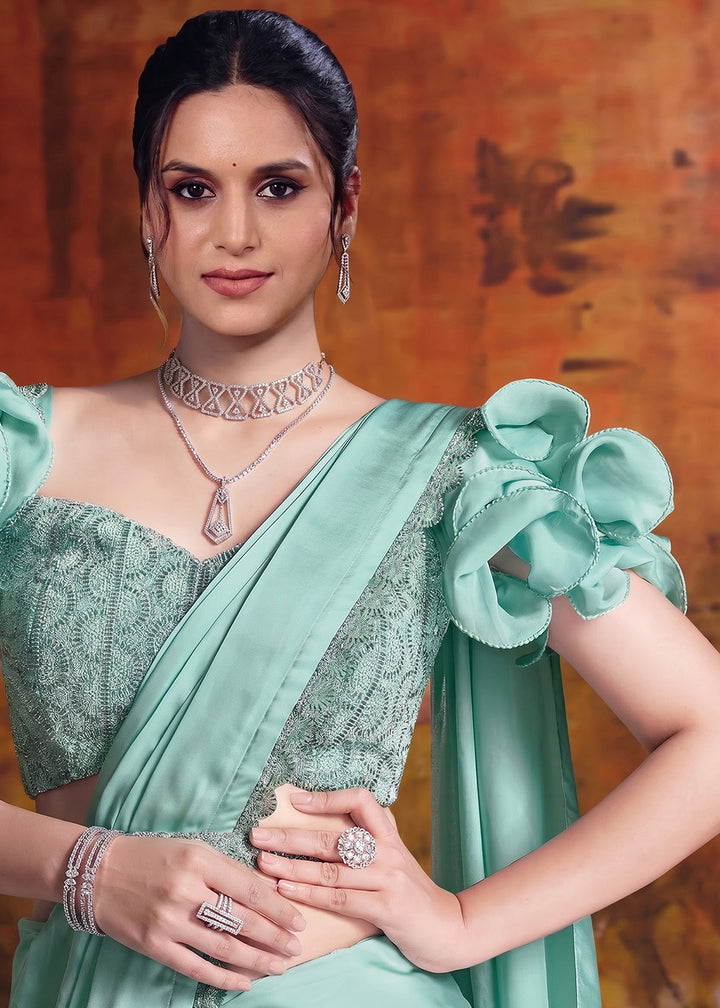 Buy Now Aqua Green Embroidered Wedding Party Wear Saree Online in US, UK, Canada, France, Germany, Denmark, Sweden, Italy, Australia, UAE &amp; Worldwide at Empress.