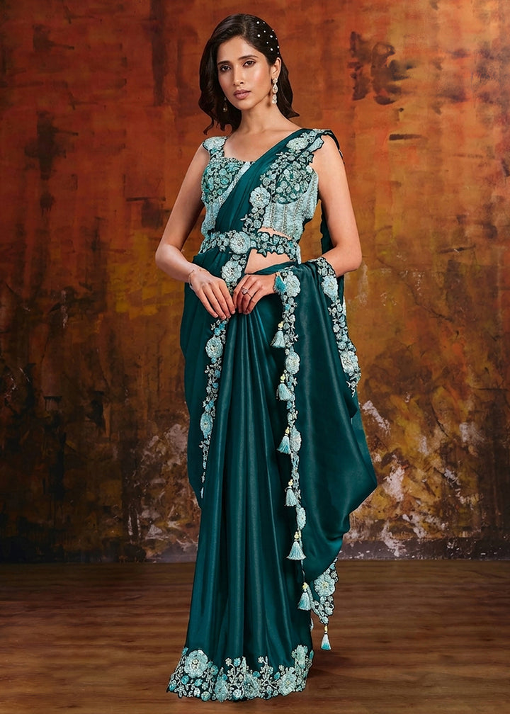 Buy Now Teal Green Embroidered Wedding Party Wear Saree Online in US, UK, Canada, France, Germany, Denmark, Sweden, Italy, Australia, UAE &amp; Worldwide at Empress
