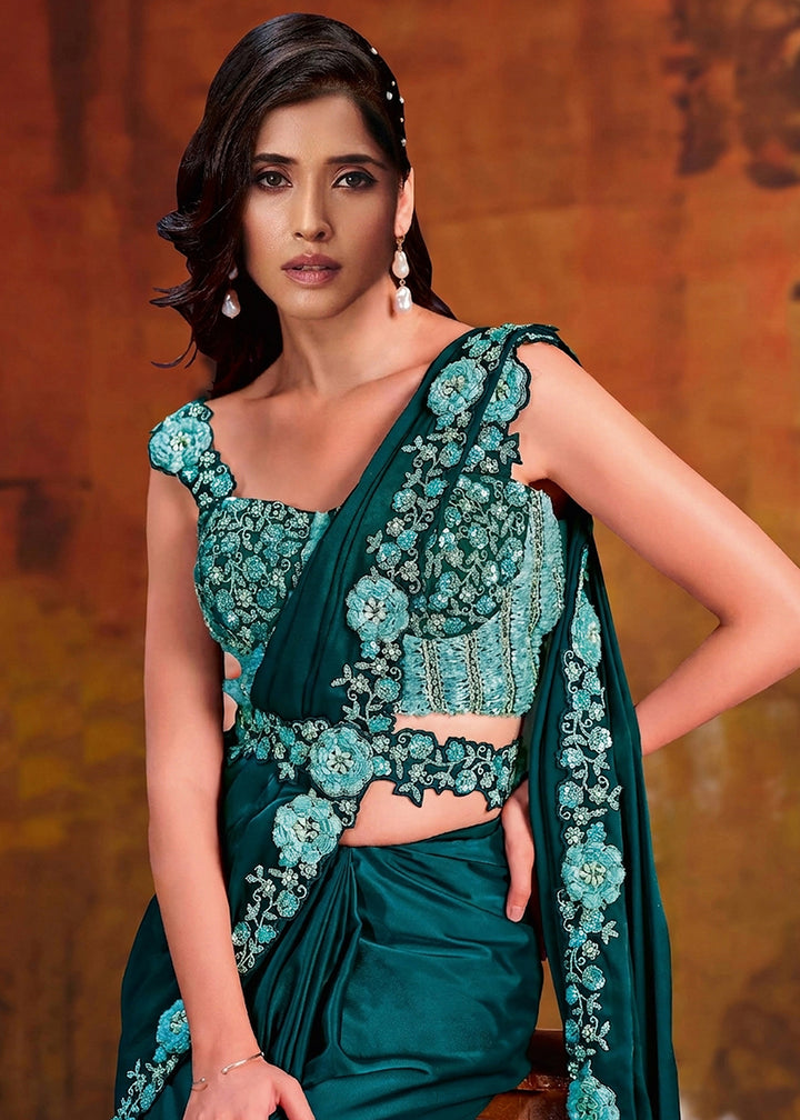 Buy Now Teal Green Embroidered Wedding Party Wear Saree Online in US, UK, Canada, France, Germany, Denmark, Sweden, Italy, Australia, UAE &amp; Worldwide at Empress