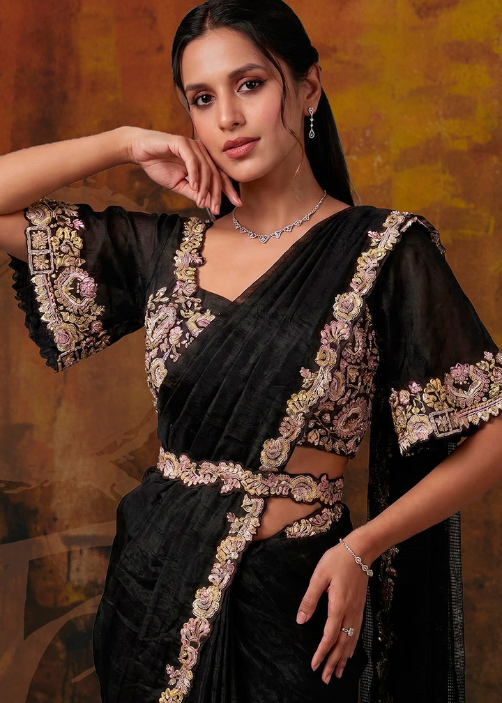 Buy Now Metal Black Embroidered Wedding Party Wear Saree Online in US, UK, Canada, France, Germany, Denmark, Sweden, Italy, Australia, UAE &amp; Worldwide at Empress