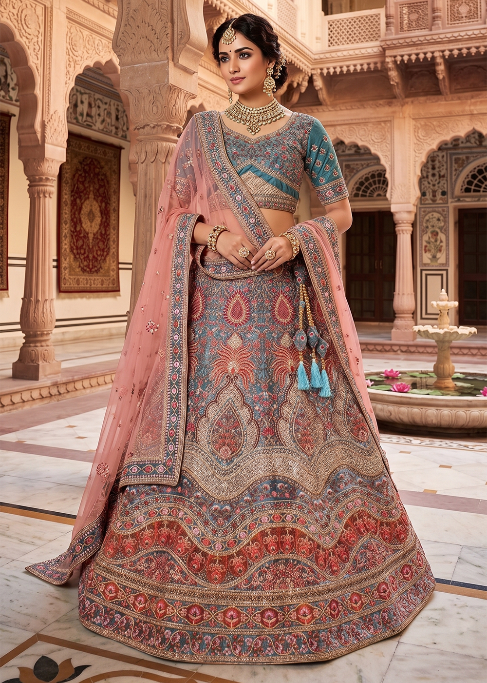 Buy Now Rama Blue Velvet Material Wedding Lehenga Choli Online in US, UK, Canada, France, Italy, Germany, Sweden, Austria, UAE & Worldwide at Empress.