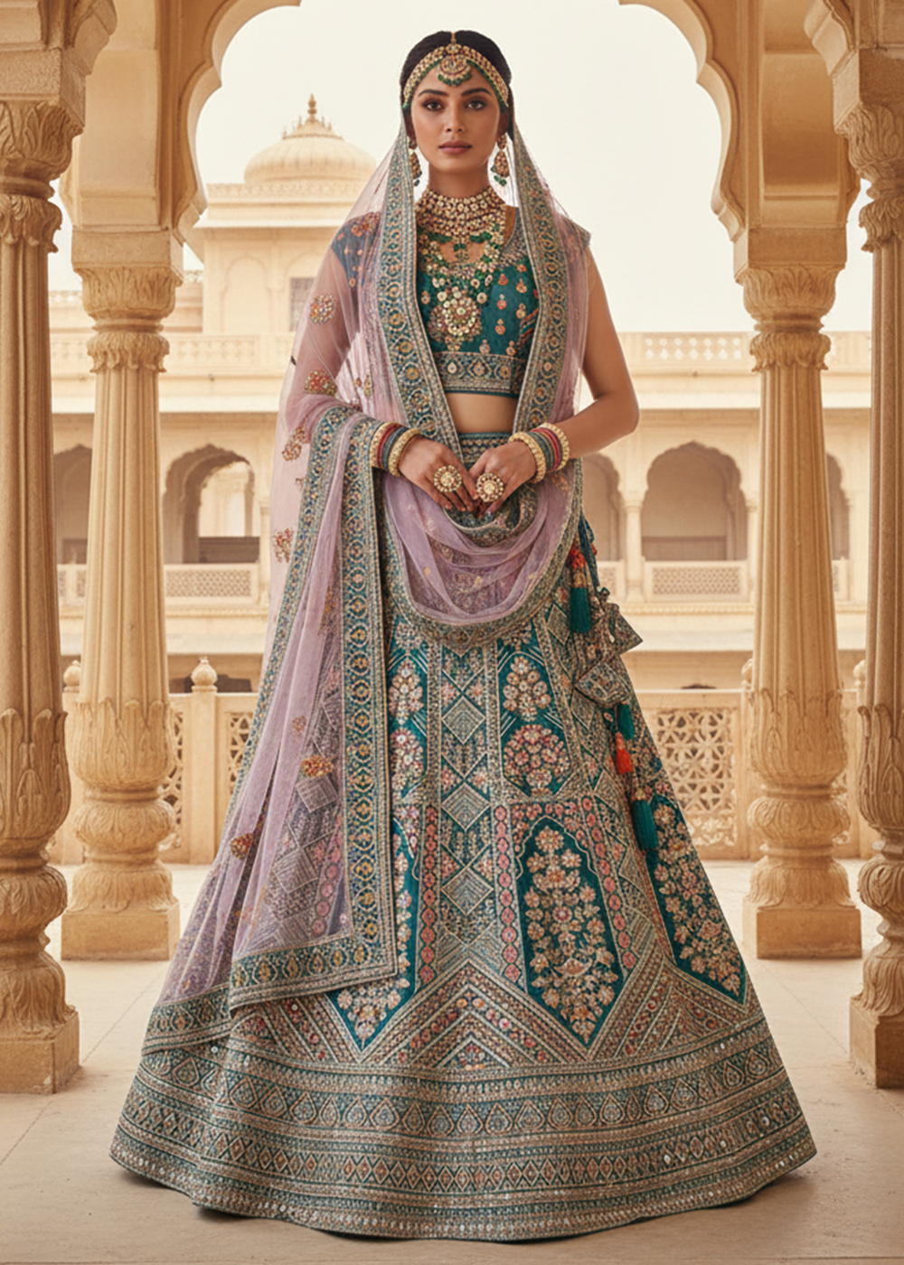 Buy Now Teal Blue Velvet Material Wedding Lehenga Choli Online in US, UK, Canada, France, Italy, Germany, Sweden, Austria, UAE & Worldwide at Empress.