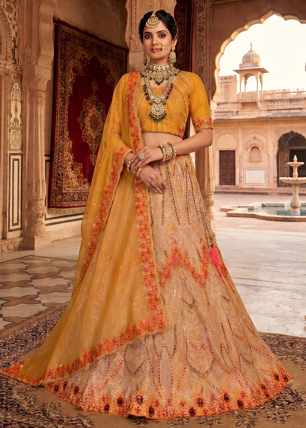 Buy Now Lemon Yellow Organza Tissue Wedding Wear Lehenga Choli Online in US, UK, Canada, France, Italy, Germany, Sweden, Austria, UAE & Worldwide at Empress.