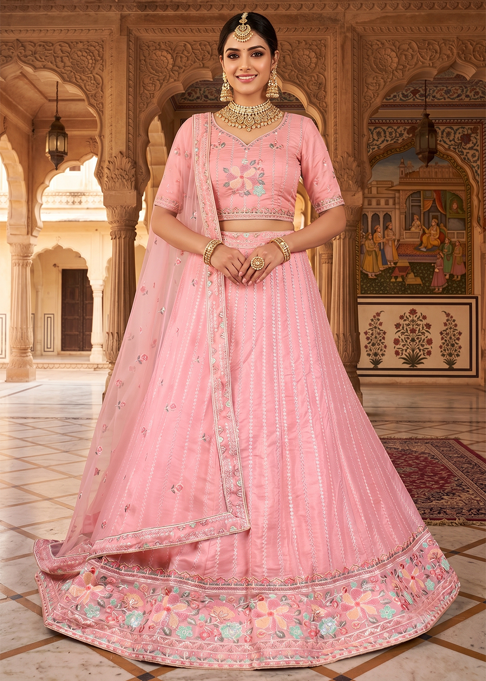 Buy Now Pink Festive Style Embroidered Designer Lehenga Choli Online in US, UK, Canada, France, Italy, Germany, Sweden, Austria, UAE & Worldwide at Empress.