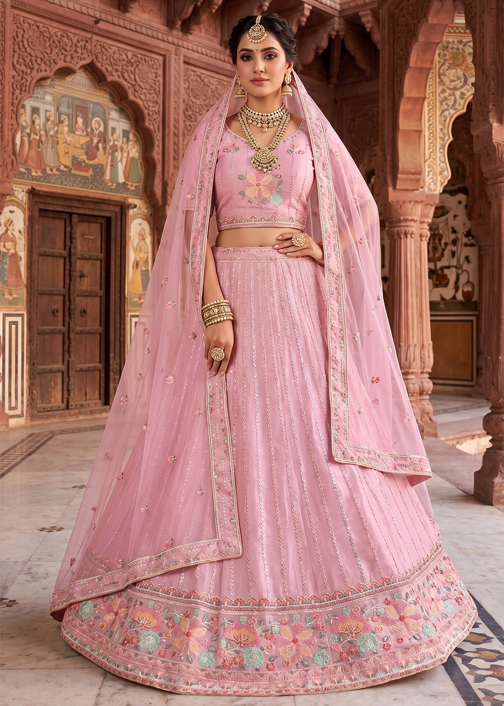 Buy Now Onion Festive Style Embroidered Designer Lehenga Choli Online in US, UK, Canada, France, Italy, Germany, Sweden, Austria, UAE & Worldwide at Empress.