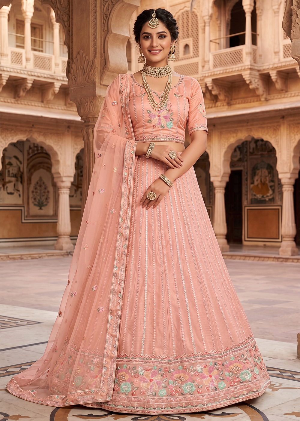 Buy Now Peach Festive Style Embroidered Designer Lehenga Choli Online in US, UK, Canada, France, Italy, Germany, Sweden, Austria, UAE & Worldwide at Empress.