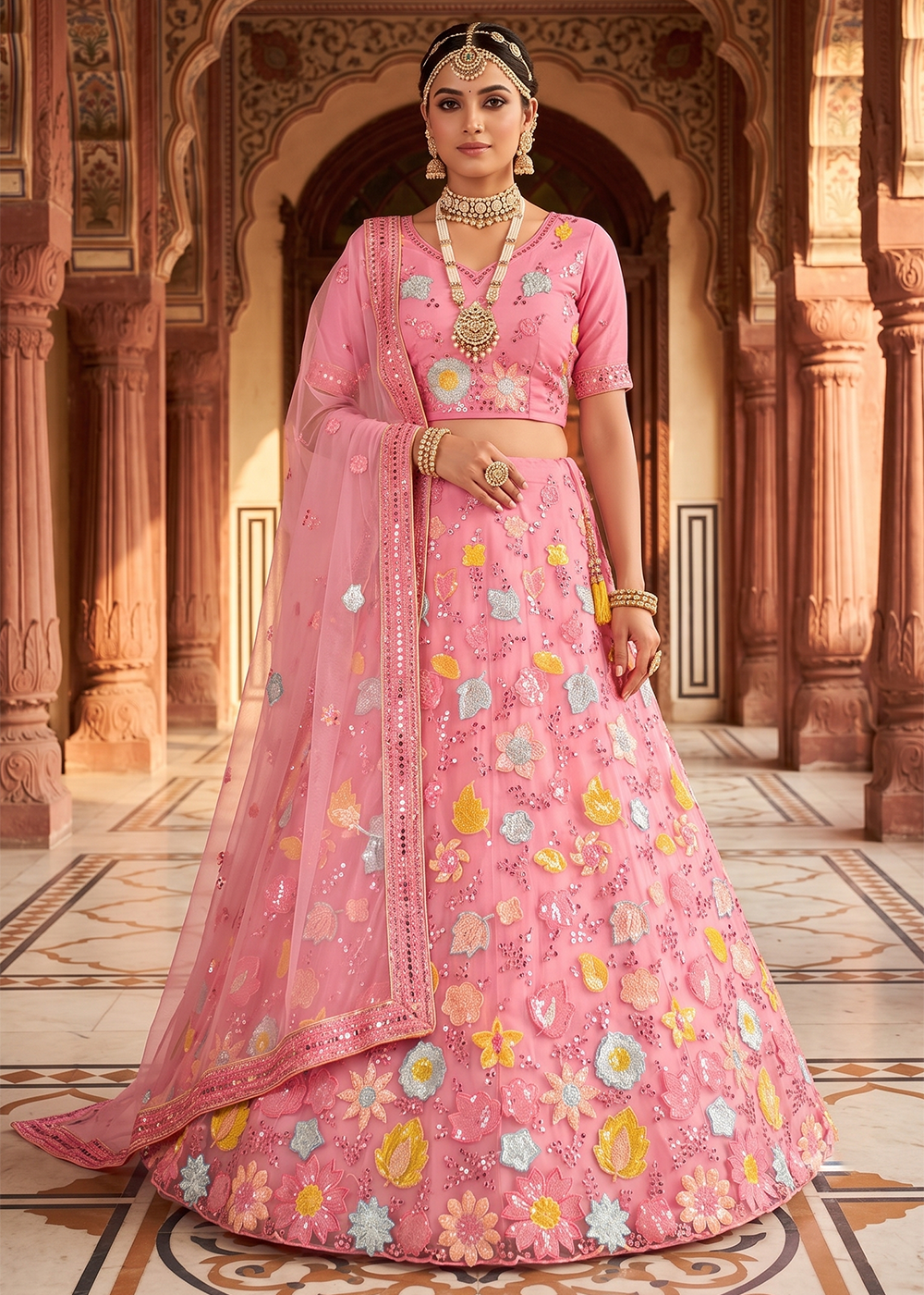 Buy Now Festive Style Pink Embroidered Designer Lehenga Choli Online in US, UK, Canada, France, Italy, Germany, Sweden, Austria, UAE & Worldwide at Empress.