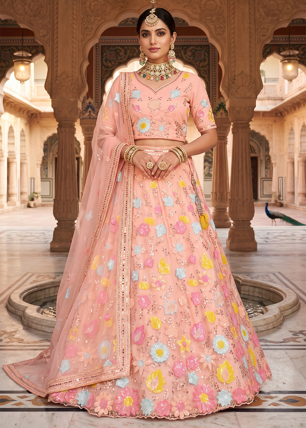 Buy Now Festive Style Peach Embroidered Designer Lehenga Choli Online in US, UK, Canada, France, Italy, Germany, Sweden, Austria, UAE & Worldwide at Empress.