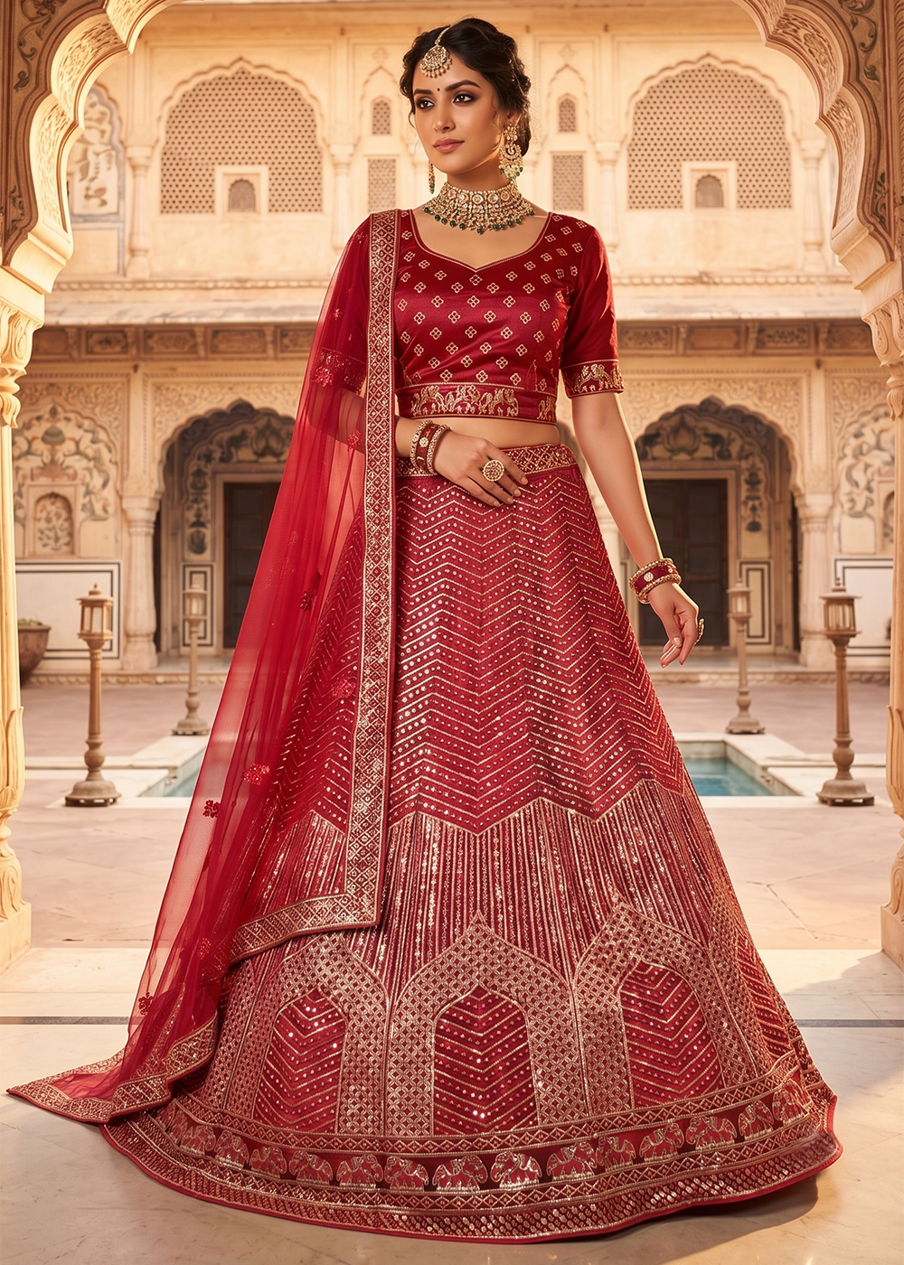 Buy Now Designer Style Maroon Embroidered Festive Lehenga Choli Online in US, UK, Canada, France, Italy, Germany, Sweden, Austria, UAE & Worldwide at Empress.