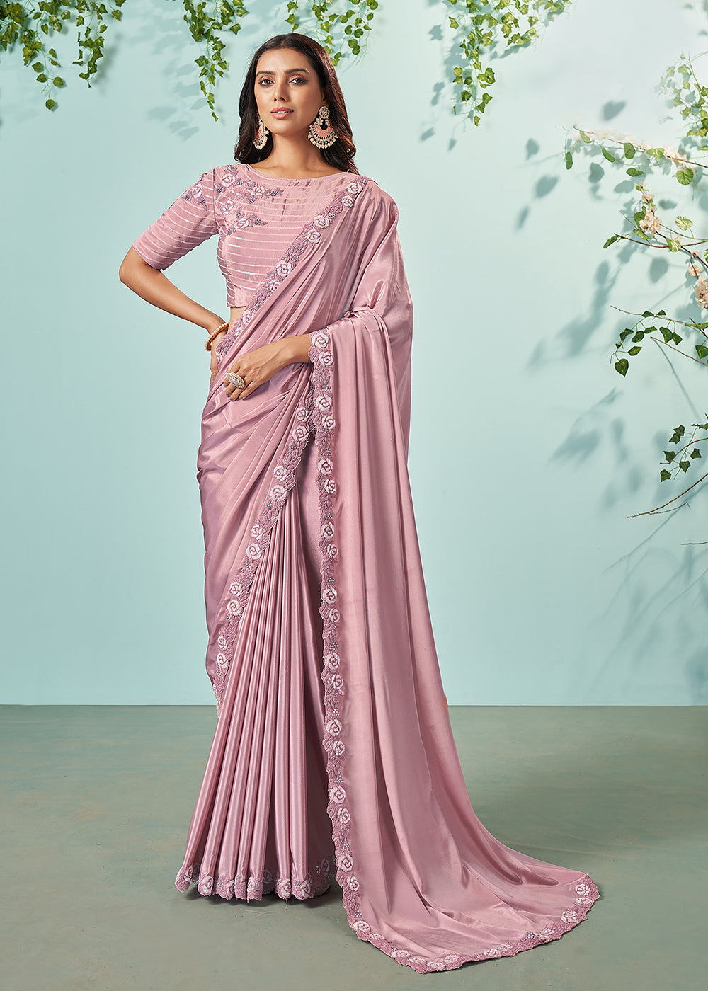 Buy Now Onion Pink Silk Crepe Embroidered Designer Saree Online in USA, UK, Canada & Worldwide at Empress Clothing.