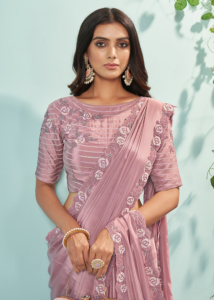 Buy Now Onion Pink Silk Crepe Embroidered Designer Saree Online in USA, UK, Canada & Worldwide at Empress Clothing.