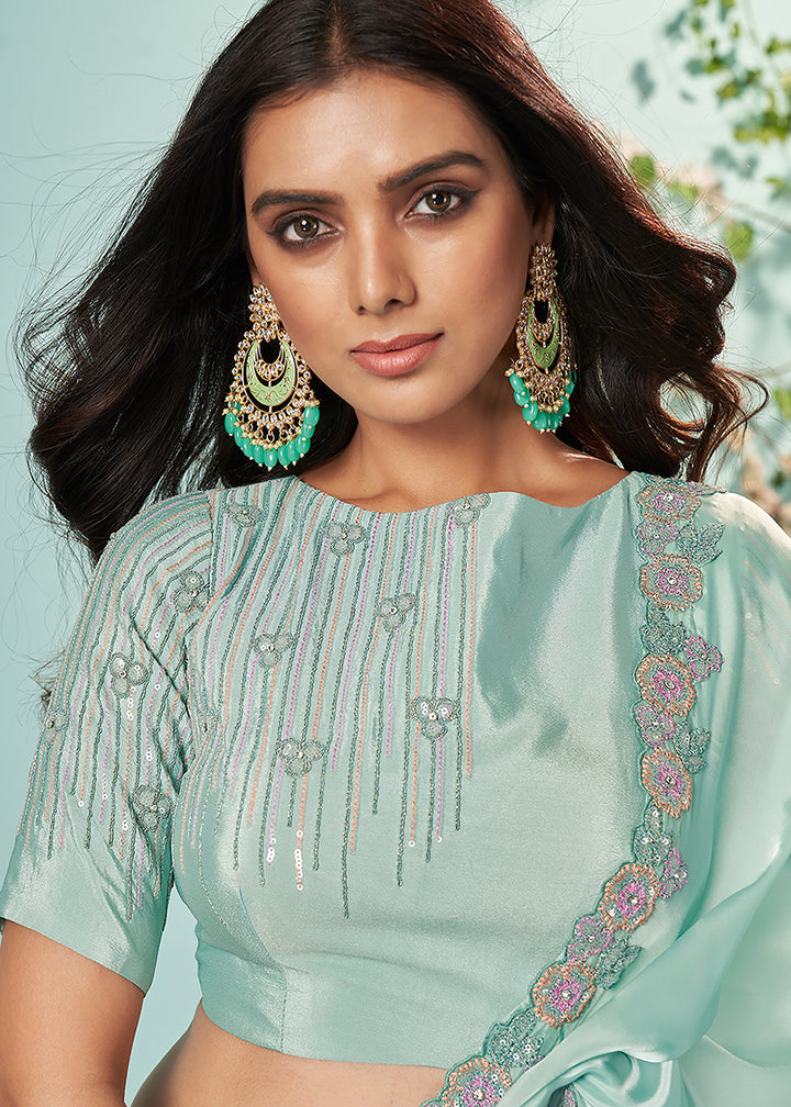 Blush Green Organza Silk Embroidered Designer Saree