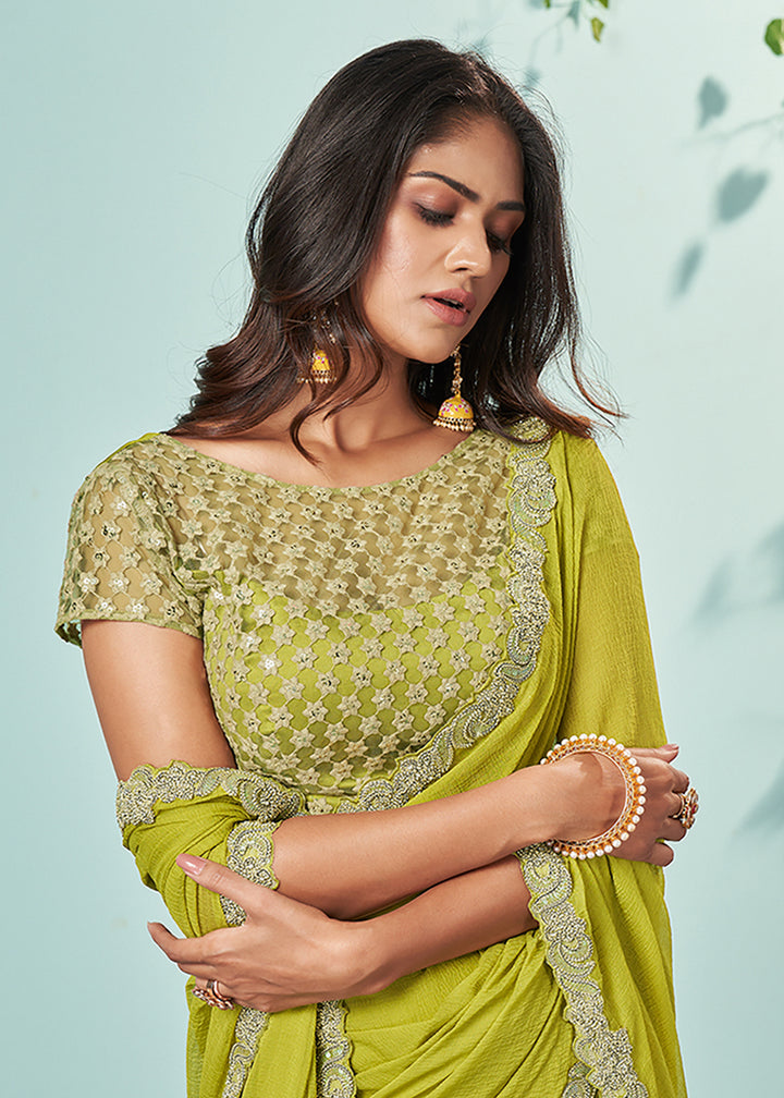 Buy Now Mustard Yellow Barberie Chiffon Embroidered Designer Saree Online in USA, UK, Canada & Worldwide at Empress Clothing.