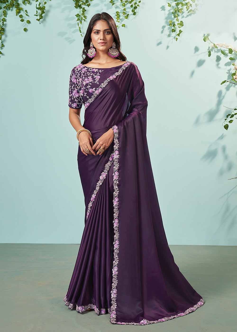 Buy Now Pretty Wine Silk Crepe Embroidered Designer Saree Online in USA, UK, Canada & Worldwide at Empress Clothing. 