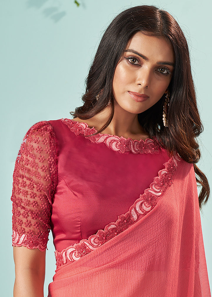 Buy Now Tomato Red Barberie Chiffon Embroidered Designer Saree Online in USA, UK, Canada & Worldwide at Empress Clothing.