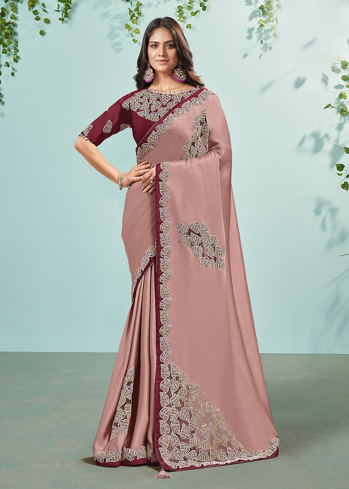 Buy Now Rose Pink Silk Satin Embroidered Designer Saree Online in USA, UK, Canada & Worldwide at Empress Clothing. 