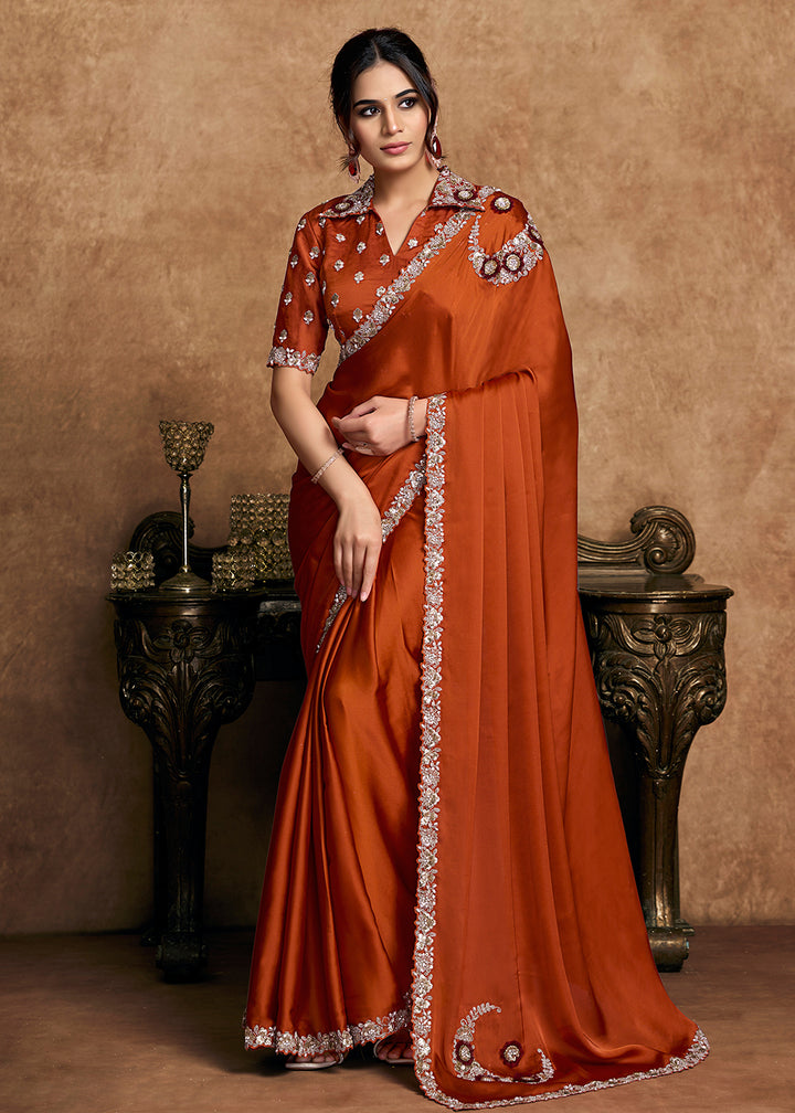 Buy Now Rust Orange Embroidered Wedding Festive Wear Saree Online in US, UK, Canada, France, Germany, Denmark, Netherland, Sweden, UAE & Worldwide at Empress.