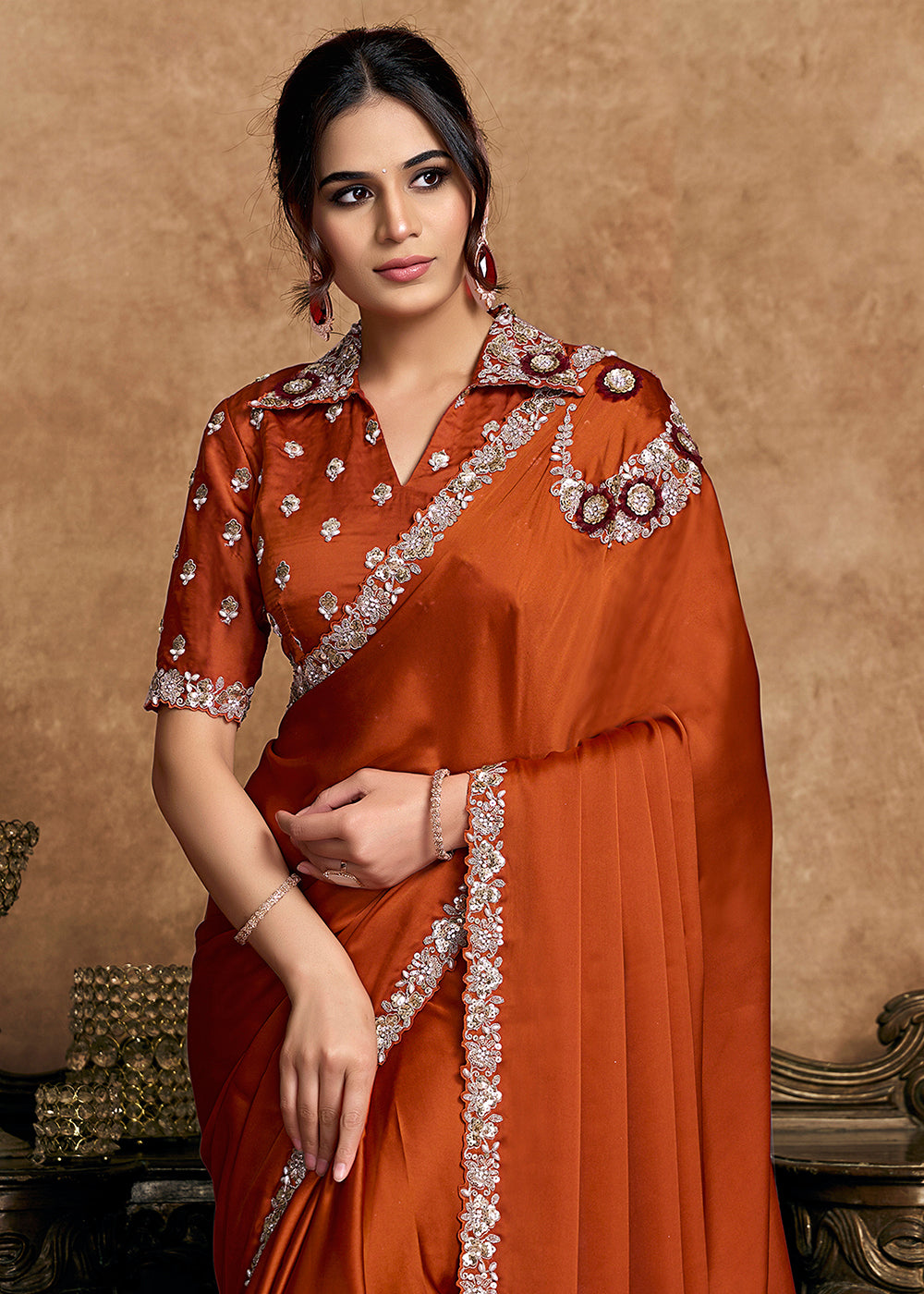 Buy Now Rust Orange Embroidered Wedding Festive Wear Saree Online in US, UK, Canada, France, Germany, Denmark, Netherland, Sweden, UAE & Worldwide at Empress.