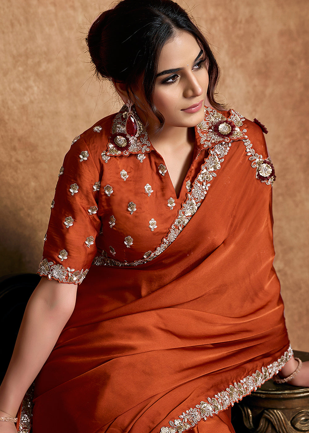 Buy Now Rust Orange Embroidered Wedding Festive Wear Saree Online in US, UK, Canada, France, Germany, Denmark, Netherland, Sweden, UAE & Worldwide at Empress.