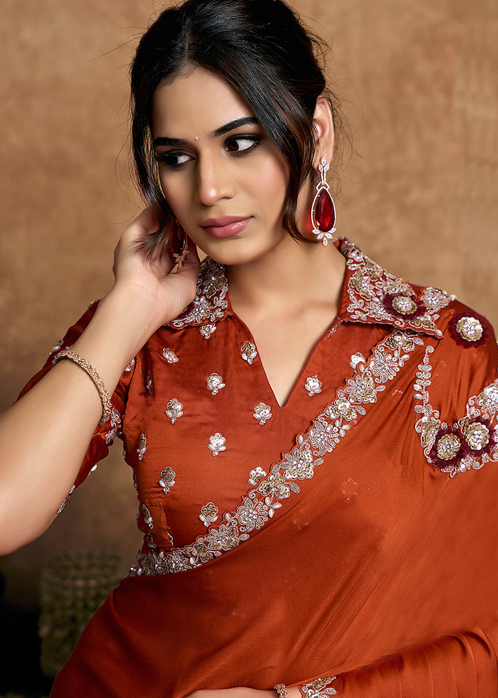 Buy Now Rust Orange Embroidered Wedding Festive Wear Saree Online in US, UK, Canada, France, Germany, Denmark, Netherland, Sweden, UAE & Worldwide at Empress.
