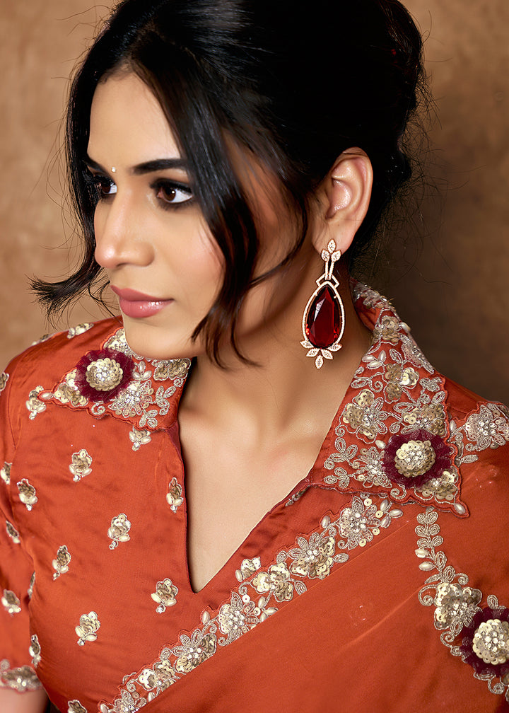 Buy Now Rust Orange Embroidered Wedding Festive Wear Saree Online in US, UK, Canada, France, Germany, Denmark, Netherland, Sweden, UAE & Worldwide at Empress.